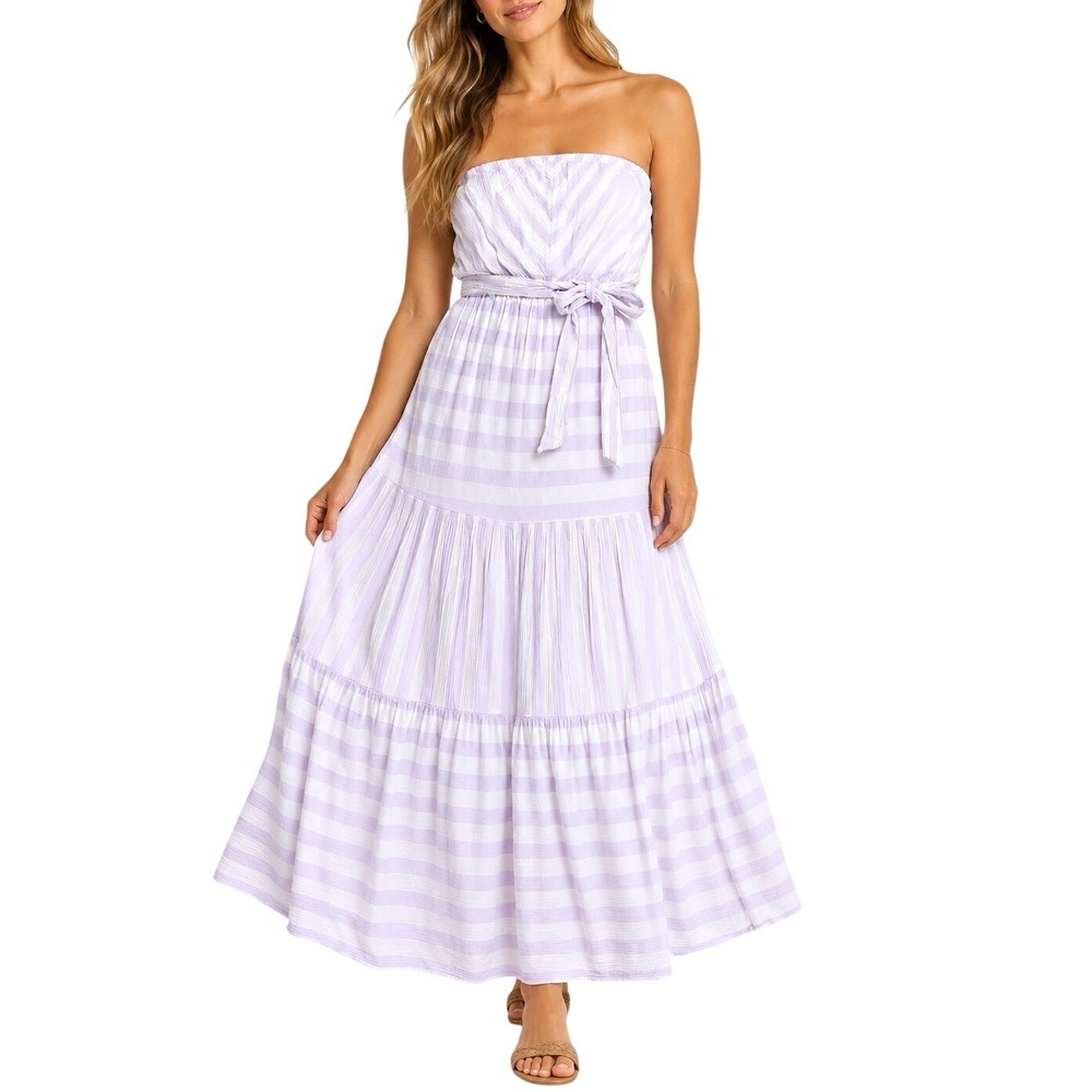 Versona Lavender White Striped Strapless Tiered Maxi Dress Tie Waist Size S